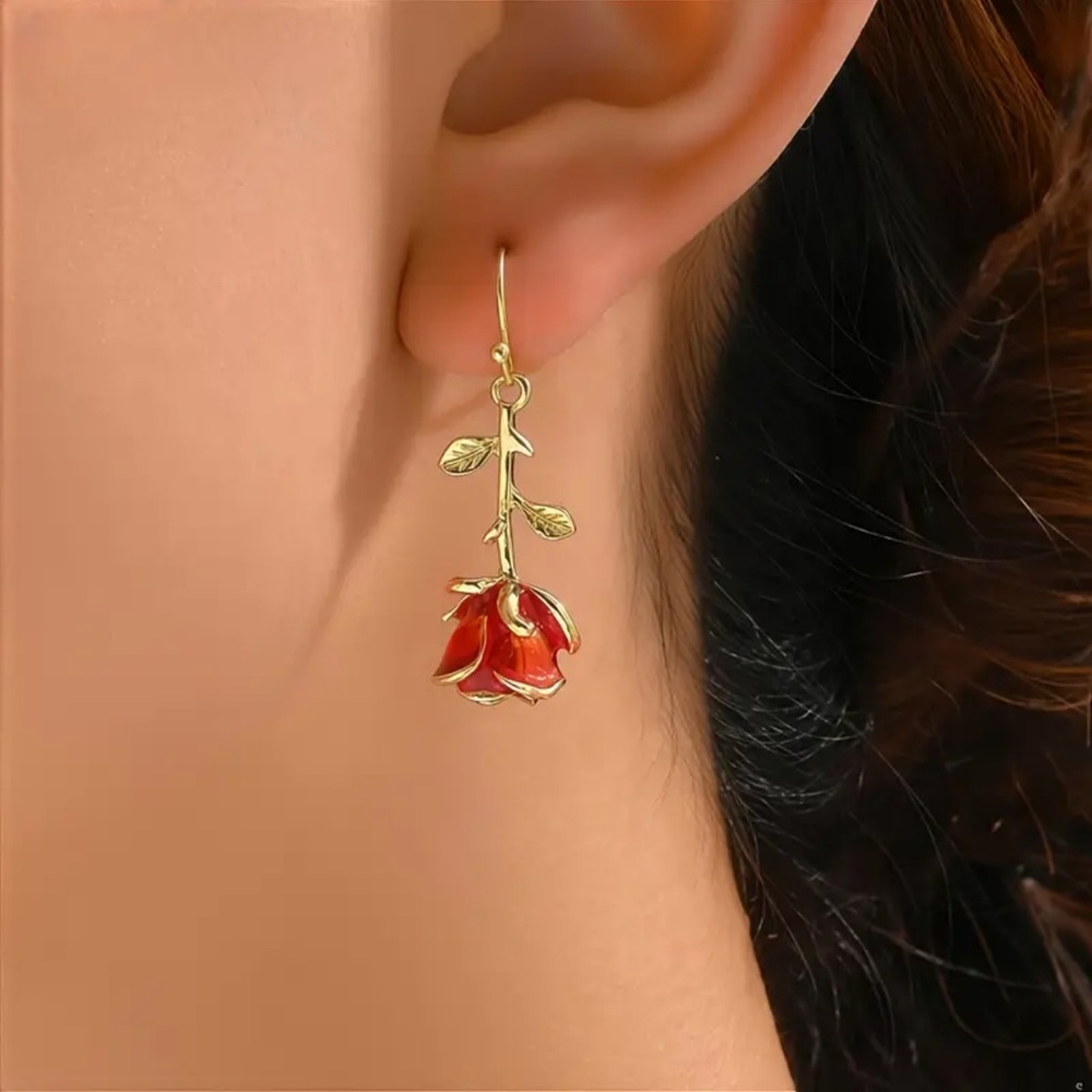 Elegant Gold and Red Rose  Earrings, Beauty & The Beast Rose Earrings